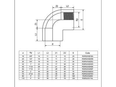 Угол ПВХ Effast 90° c металлическим кольцом d40x1-1/4"