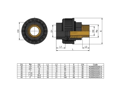 Муфта ПВХ Effast переходная с нар. резьбой, латунь d20x1/2"